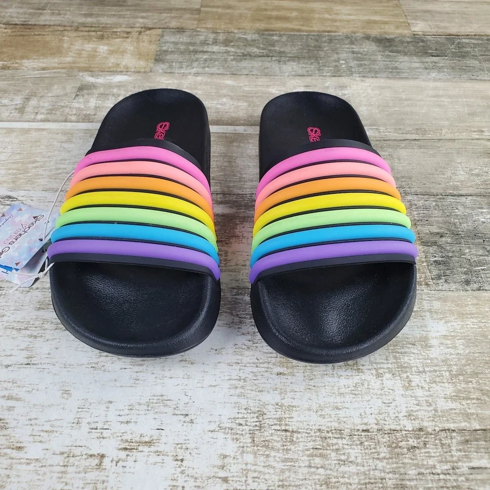 Skechers Girls Rainbow Slides Sandal Sz 3 Black Multi Striped Open Round Toe